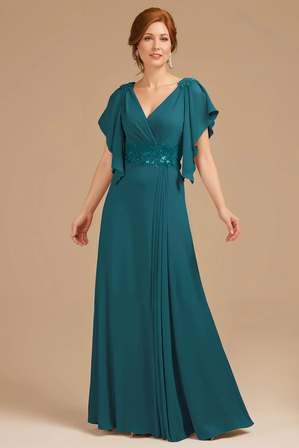 A-Line Grape V-Neck Ruched Flutter Sleeve Long Mother of the Bride Dress - Image 5