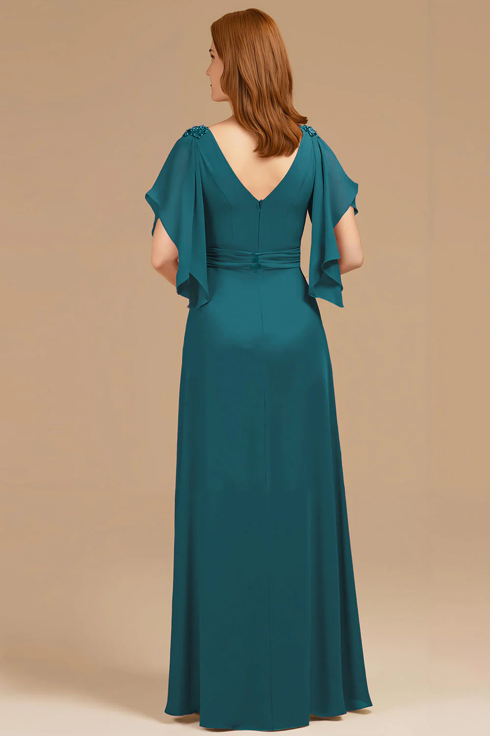 A-Line Grape V-Neck Ruched Flutter Sleeve Long Mother of the Bride Dress - Image 6