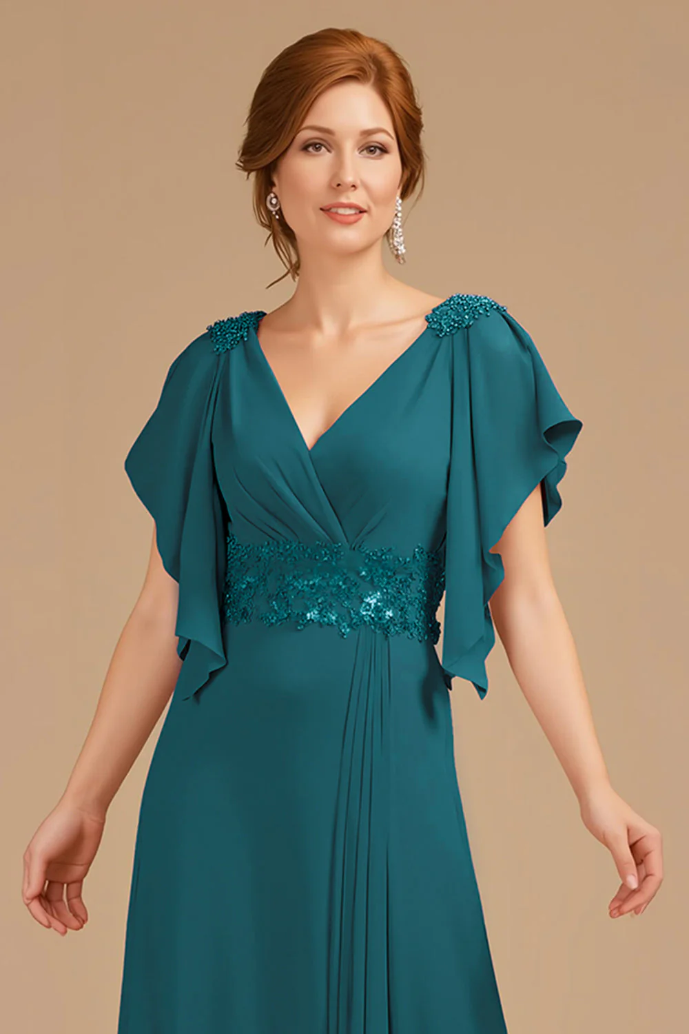 A-Line Grape V-Neck Ruched Flutter Sleeve Long Mother of the Bride Dress - Image 7