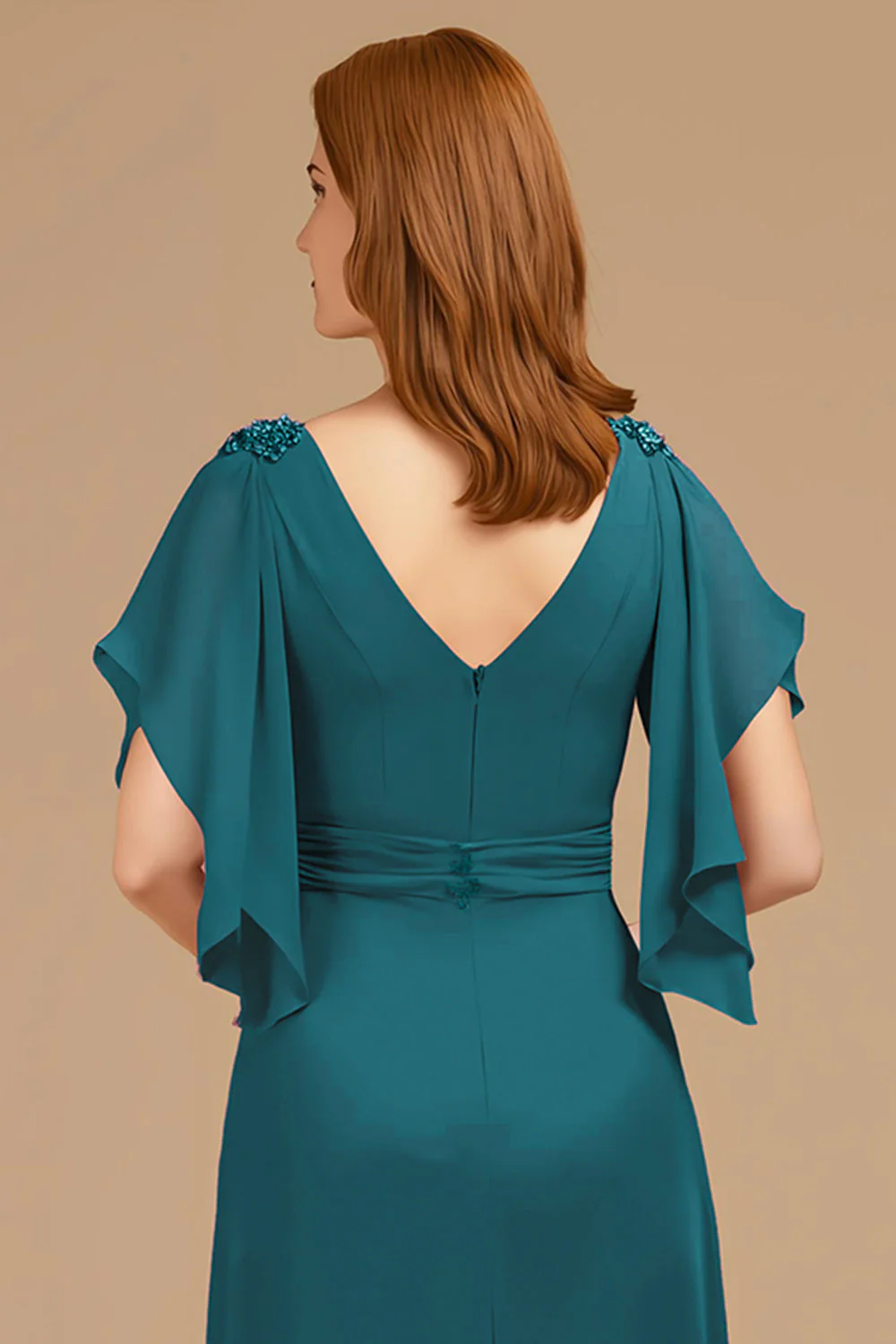 A-Line Grape V-Neck Ruched Flutter Sleeve Long Mother of the Bride Dress - Image 8