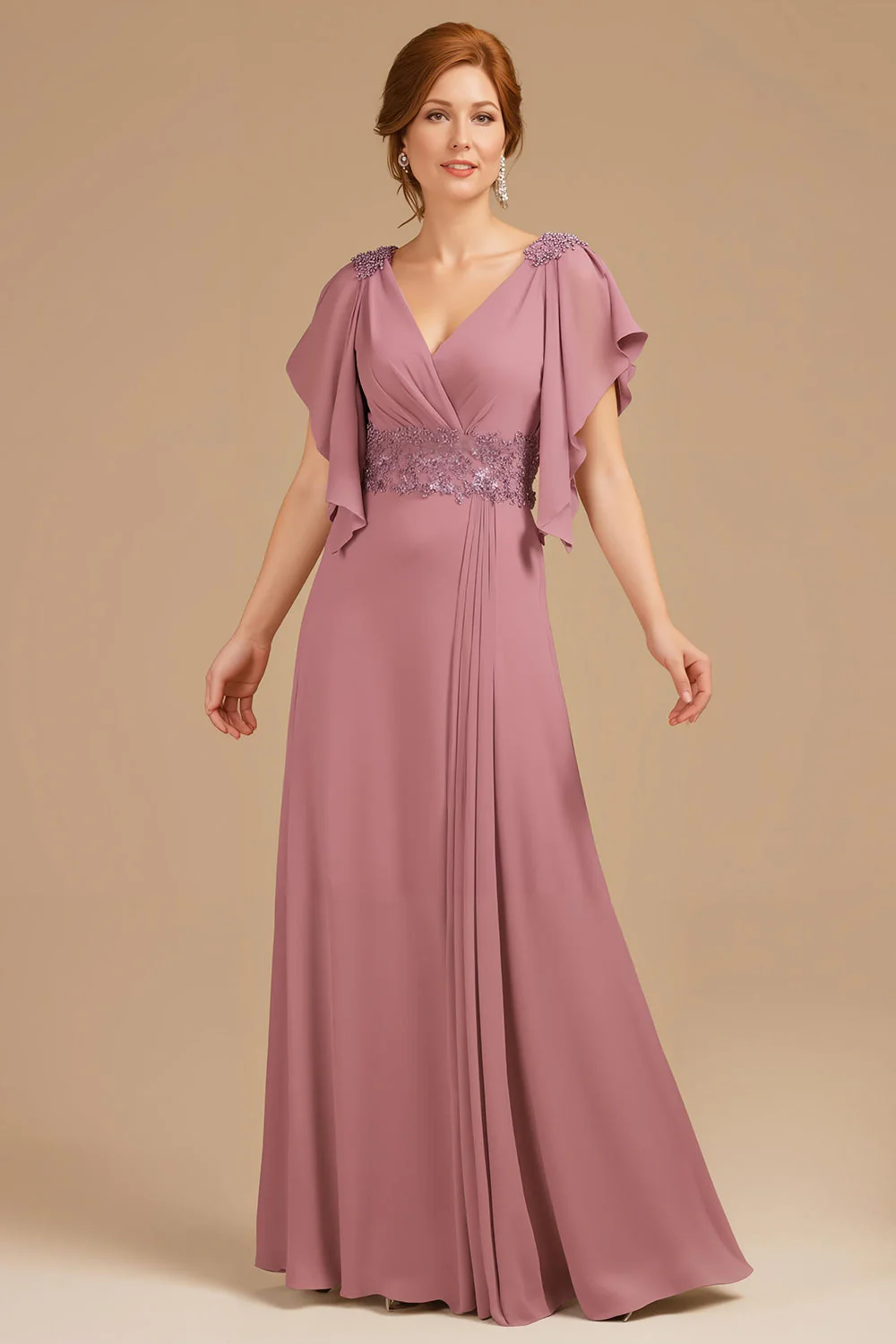 A-Line Grape V-Neck Ruched Flutter Sleeve Long Mother of the Bride Dress - Image 9
