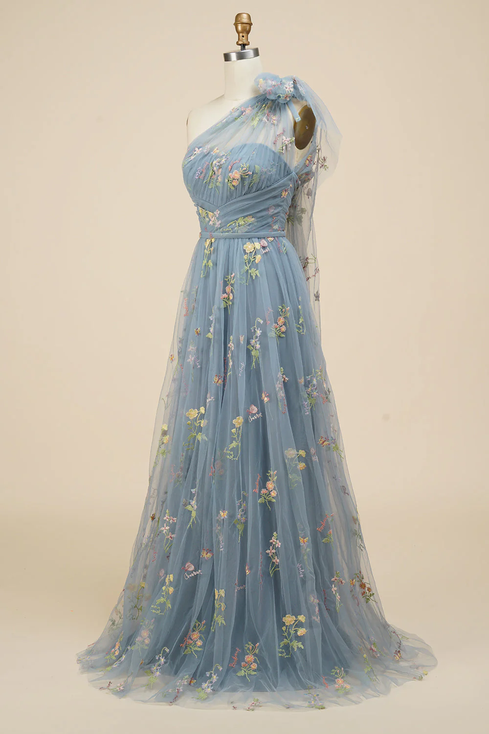 A-Line Grey Blue Long Prom Dress With Embroidery - Image 3