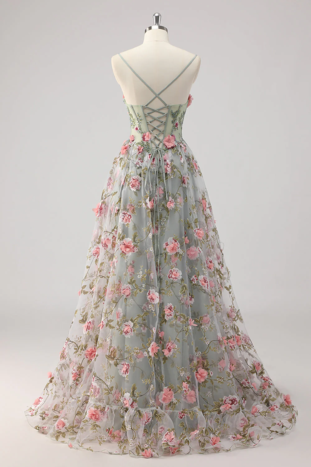 A Line Grey Green Beaded Corset Long Prom Dress with 3D Flowers - Image 2