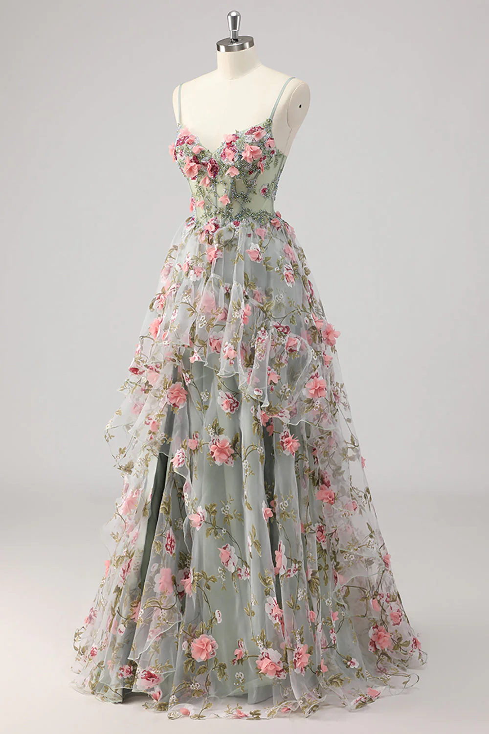 A Line Grey Green Beaded Corset Long Prom Dress with 3D Flowers - Image 3