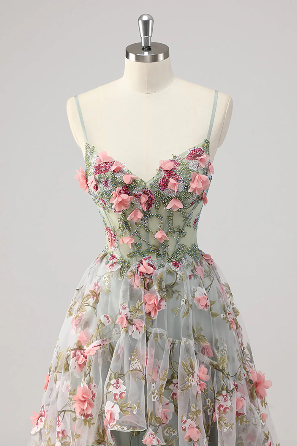 A Line Grey Green Beaded Corset Long Prom Dress with 3D Flowers - Image 4