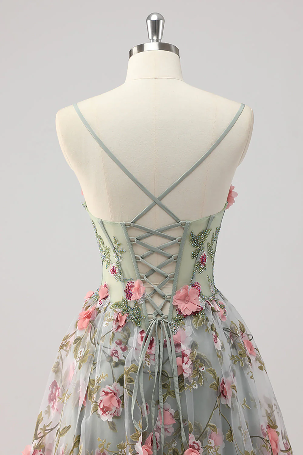 A Line Grey Green Beaded Corset Long Prom Dress with 3D Flowers - Image 5