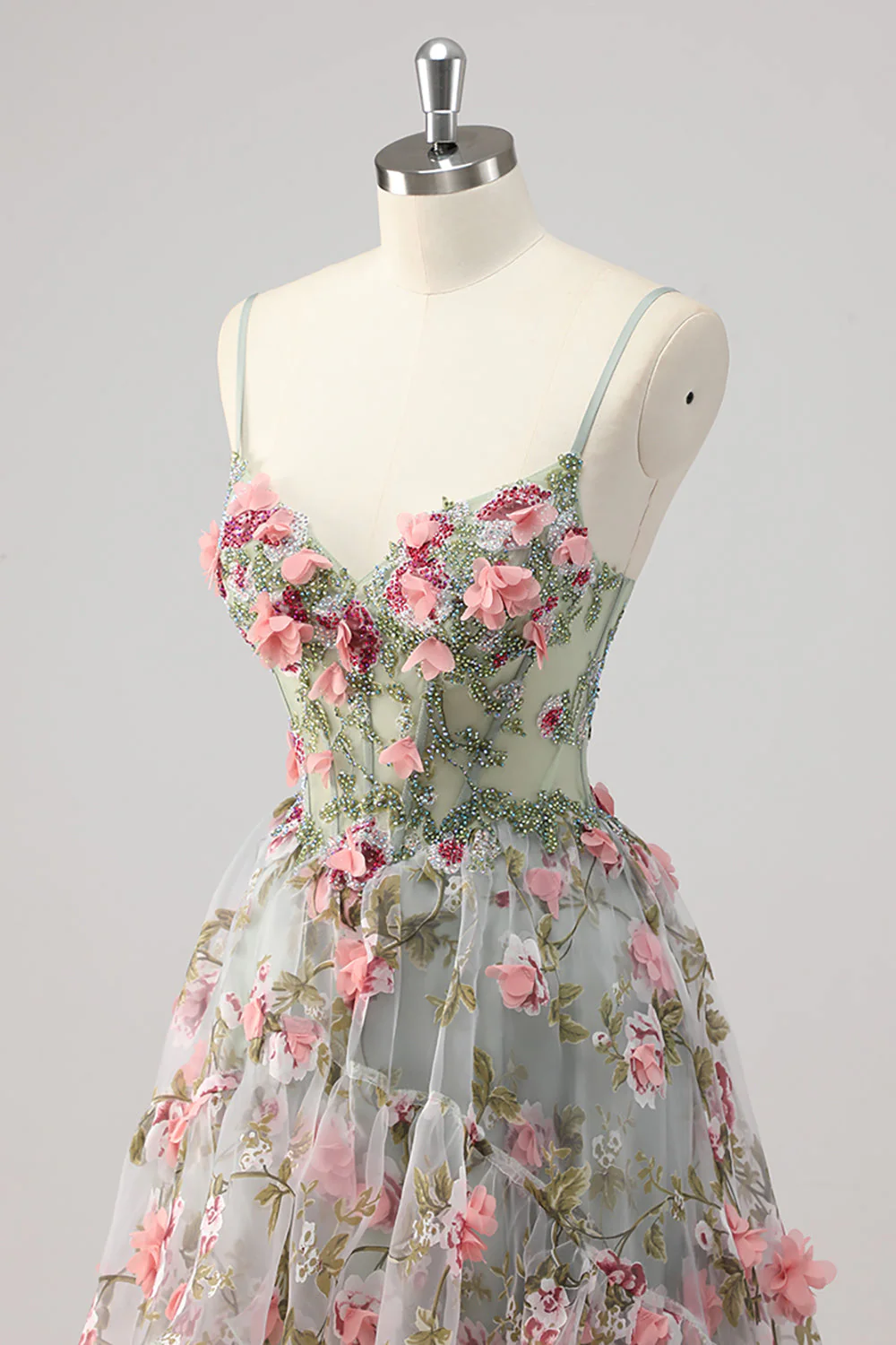 A Line Grey Green Beaded Corset Long Prom Dress with 3D Flowers - Image 6