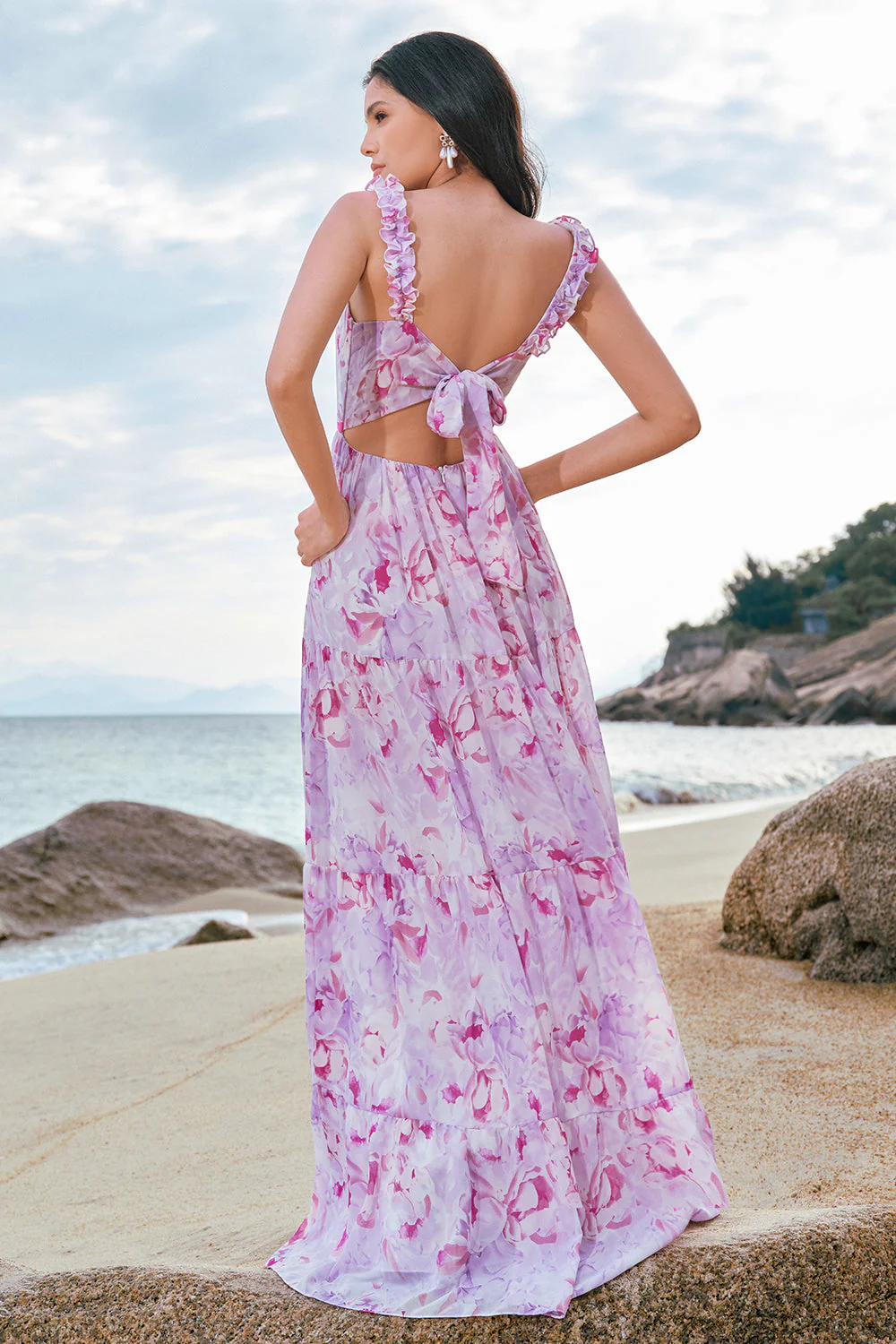 A Line Grey Purple Spaghetti Straps Floral Long Bridesmaid Dress - Image 4