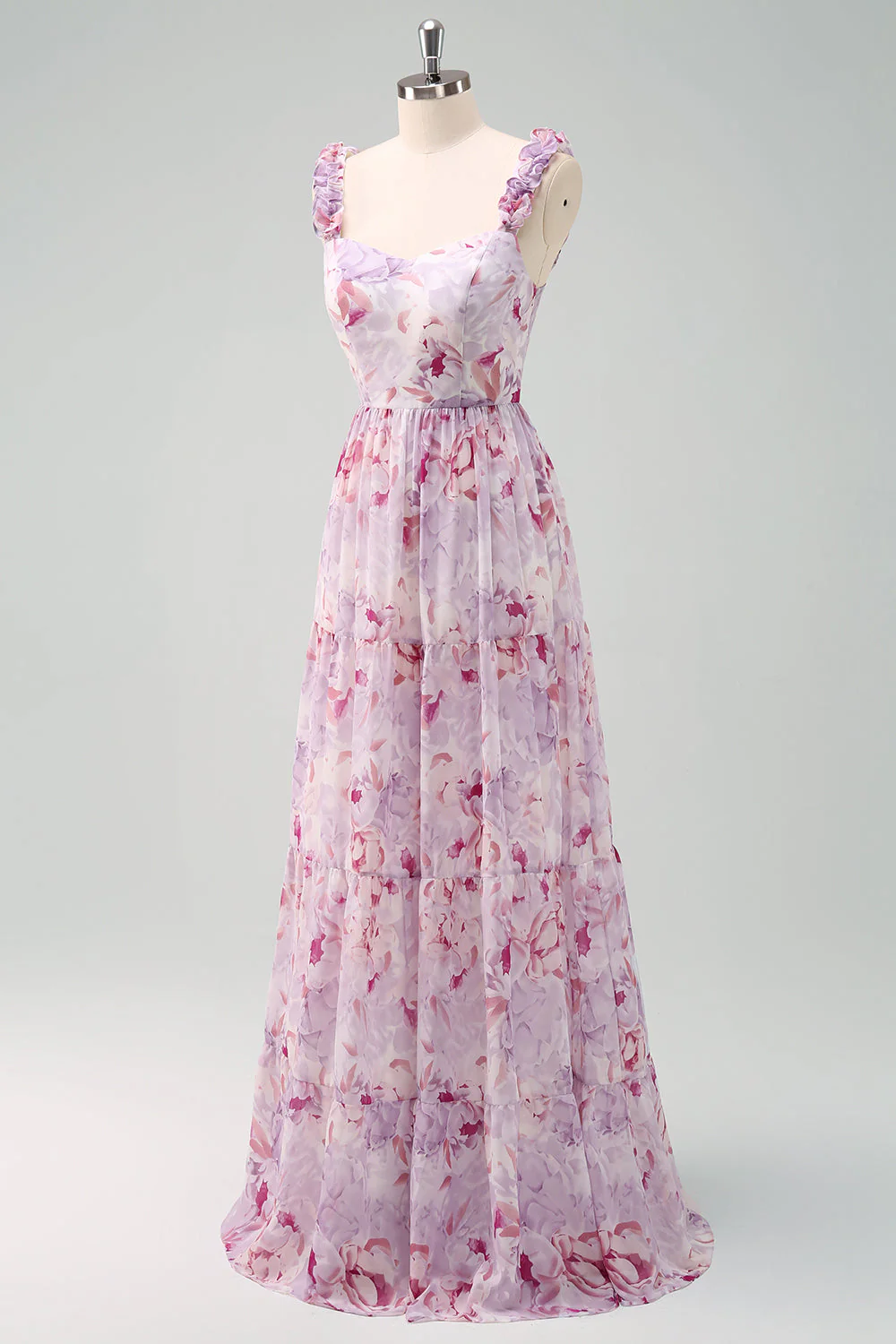 A Line Grey Purple Spaghetti Straps Floral Long Bridesmaid Dress - Image 5