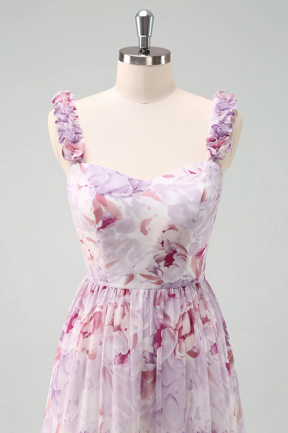 A Line Grey Purple Spaghetti Straps Floral Long Bridesmaid Dress - Image 6