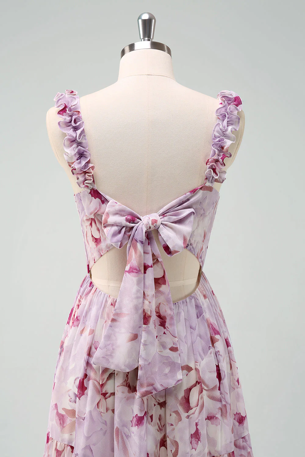 A Line Grey Purple Spaghetti Straps Floral Long Bridesmaid Dress - Image 7