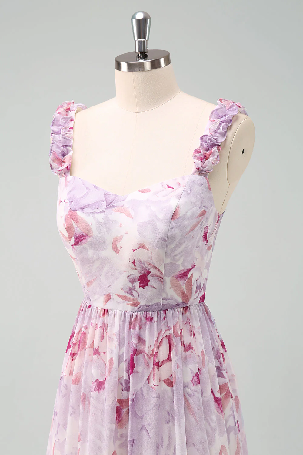 A Line Grey Purple Spaghetti Straps Floral Long Bridesmaid Dress - Image 8