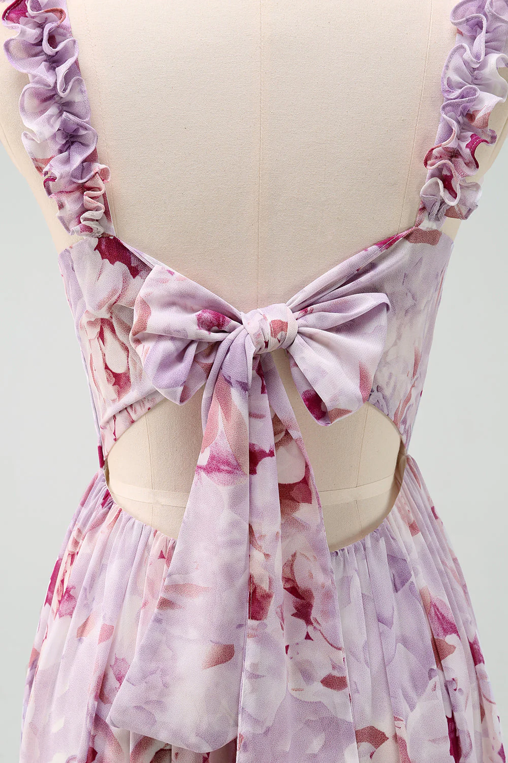 A Line Grey Purple Spaghetti Straps Floral Long Bridesmaid Dress - Image 9