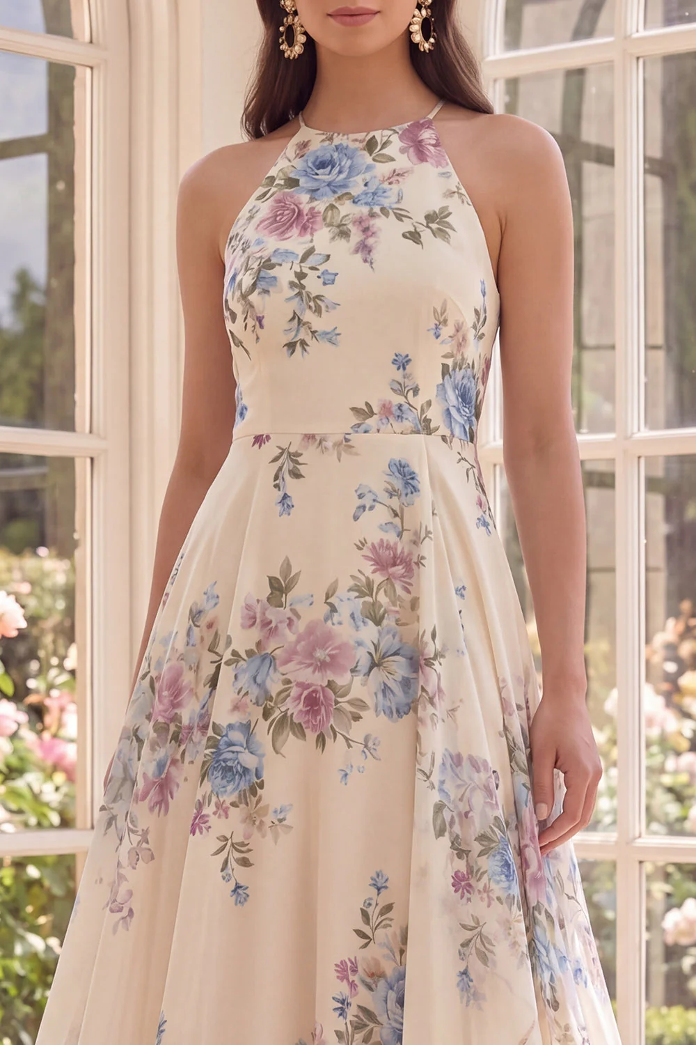 Apricot A Line Halter Open Back Maxi Floral Dress with Slit - Image 3