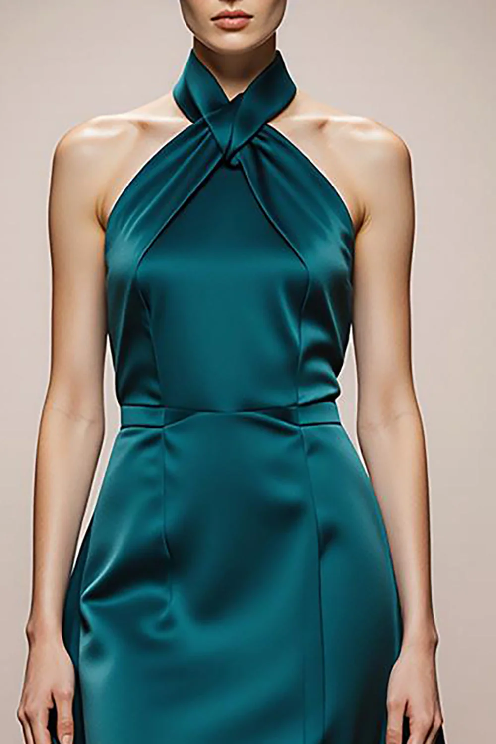 A-Line Halter Dark Green Satin Evening Dress - Image 3