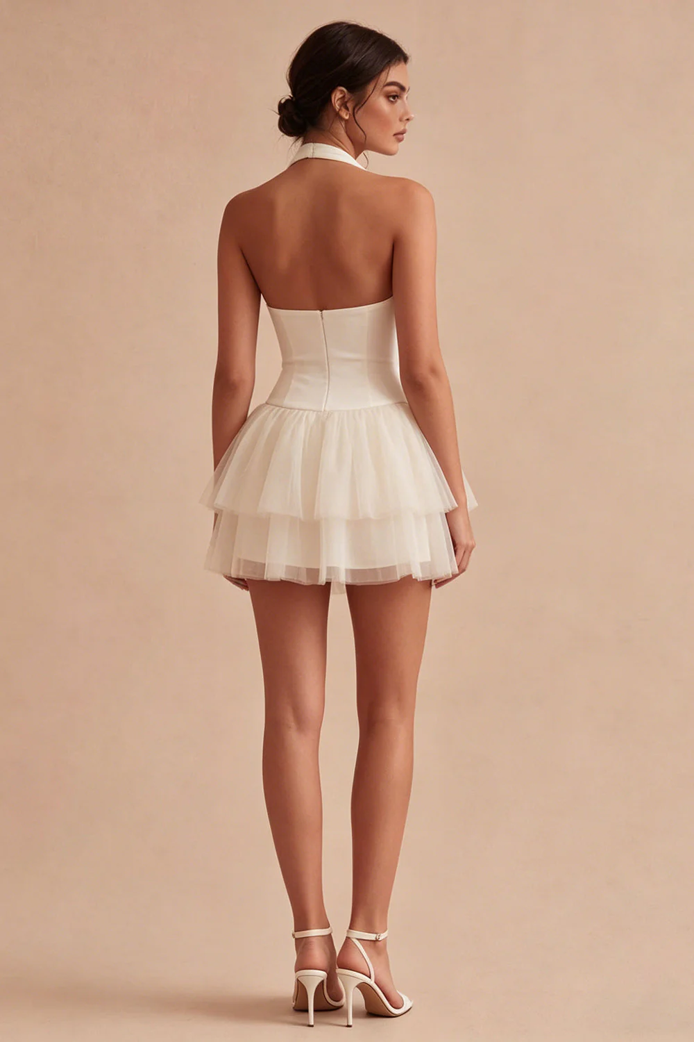 White A Line Halter Ruffled Graduation Dress - Image 2