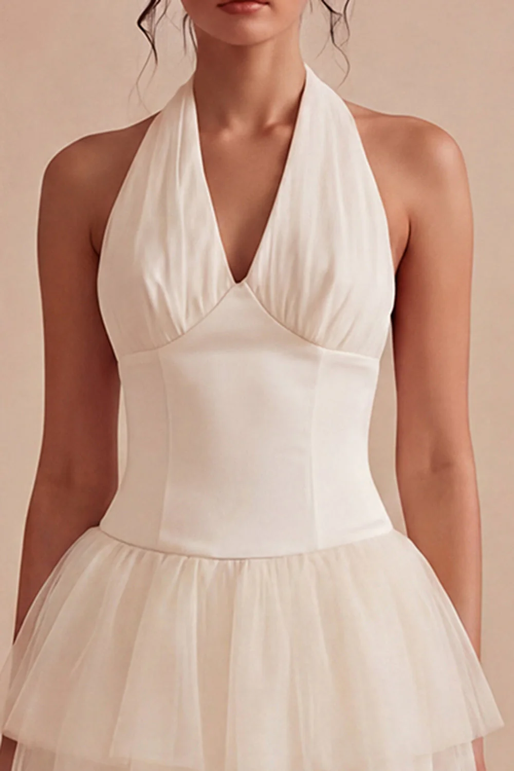 White A Line Halter Ruffled Graduation Dress - Image 3