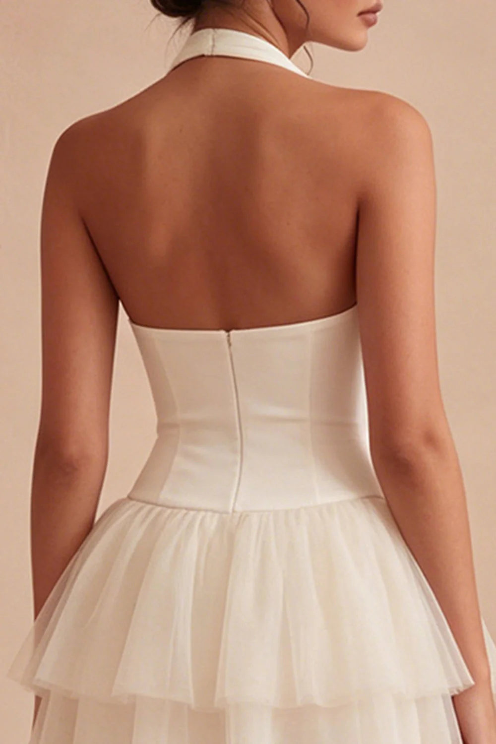 White A Line Halter Ruffled Graduation Dress - Image 4
