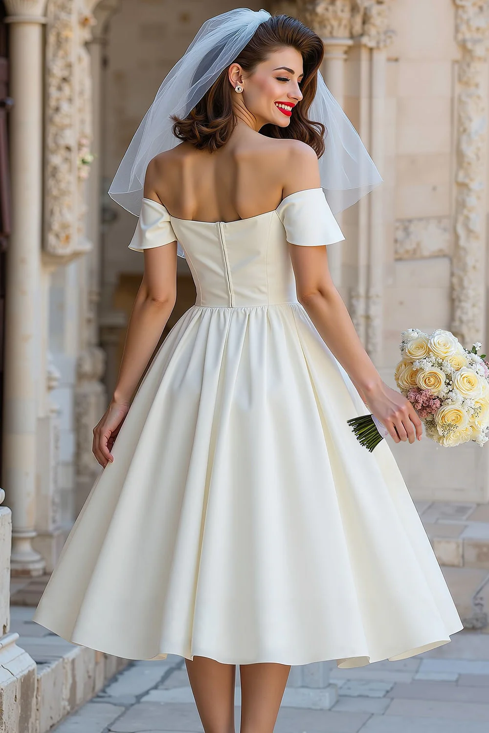 A Line Ivory Off the Shoulder Midi Wedding Dress with Bow - Image 2