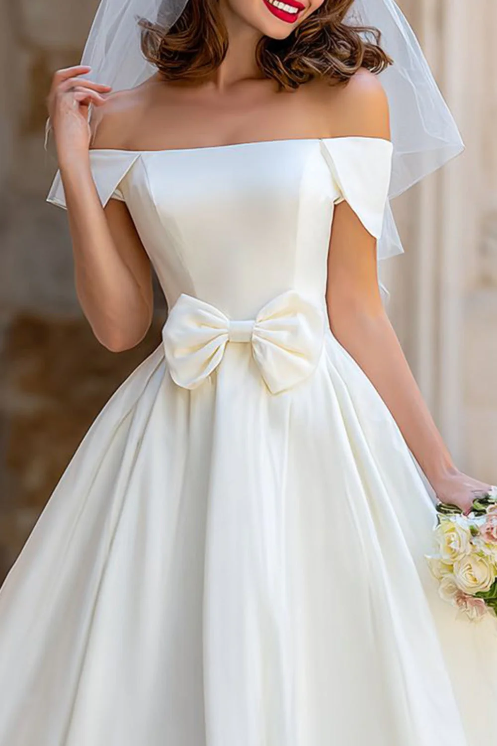 A Line Ivory Off the Shoulder Midi Wedding Dress with Bow - Image 3