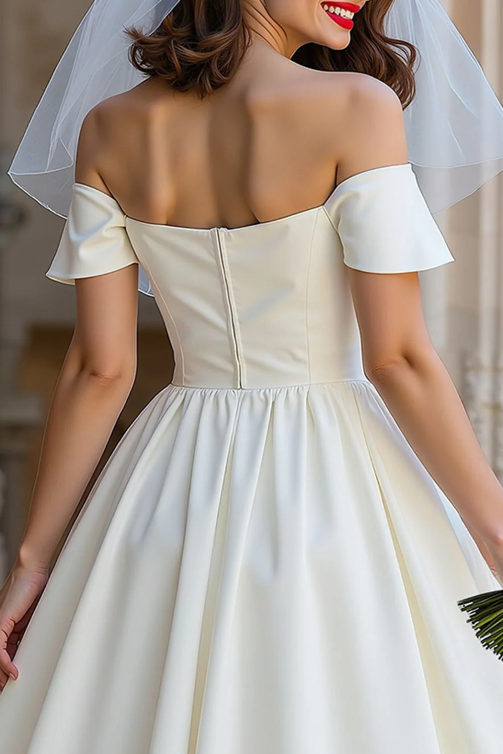 A Line Ivory Off the Shoulder Midi Wedding Dress with Bow - Image 4