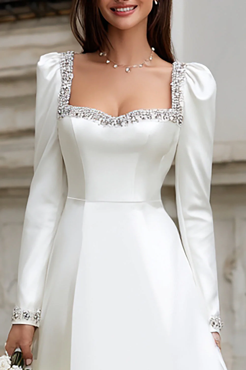 A-Line Ivory Square Neckline Satin Engagement Dress - Image 3
