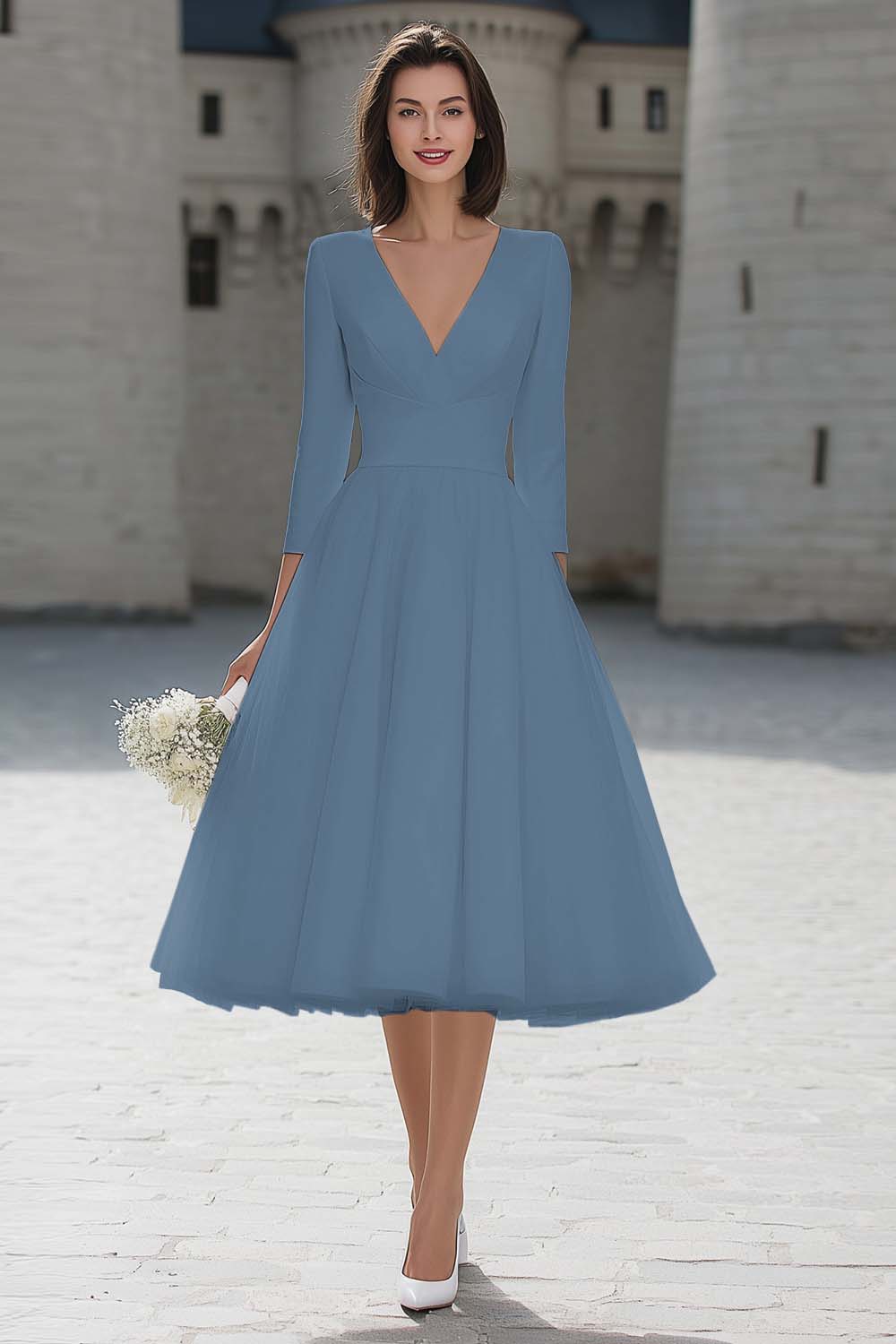 A-Line Ivory V-Neck Midi Engagement Dress - Image 10