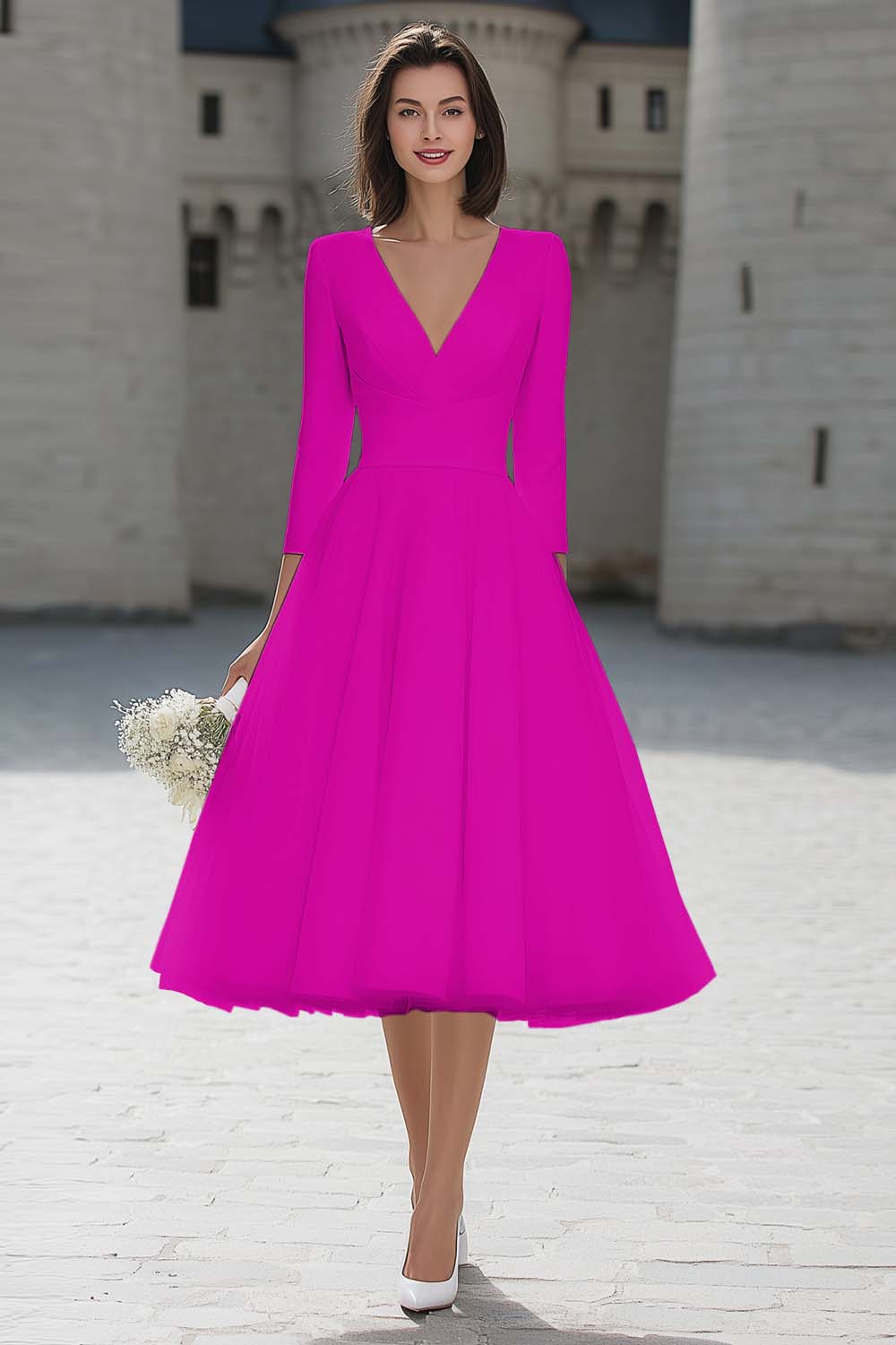 A-Line Ivory V-Neck Midi Engagement Dress - Image 11