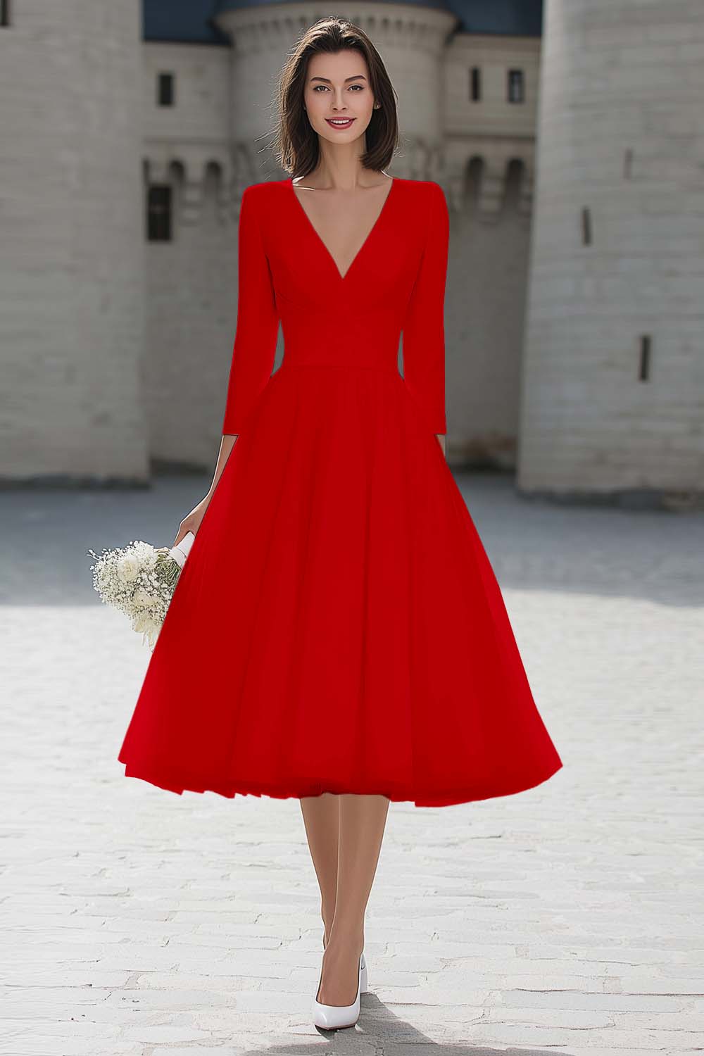 A-Line Ivory V-Neck Midi Engagement Dress - Image 12