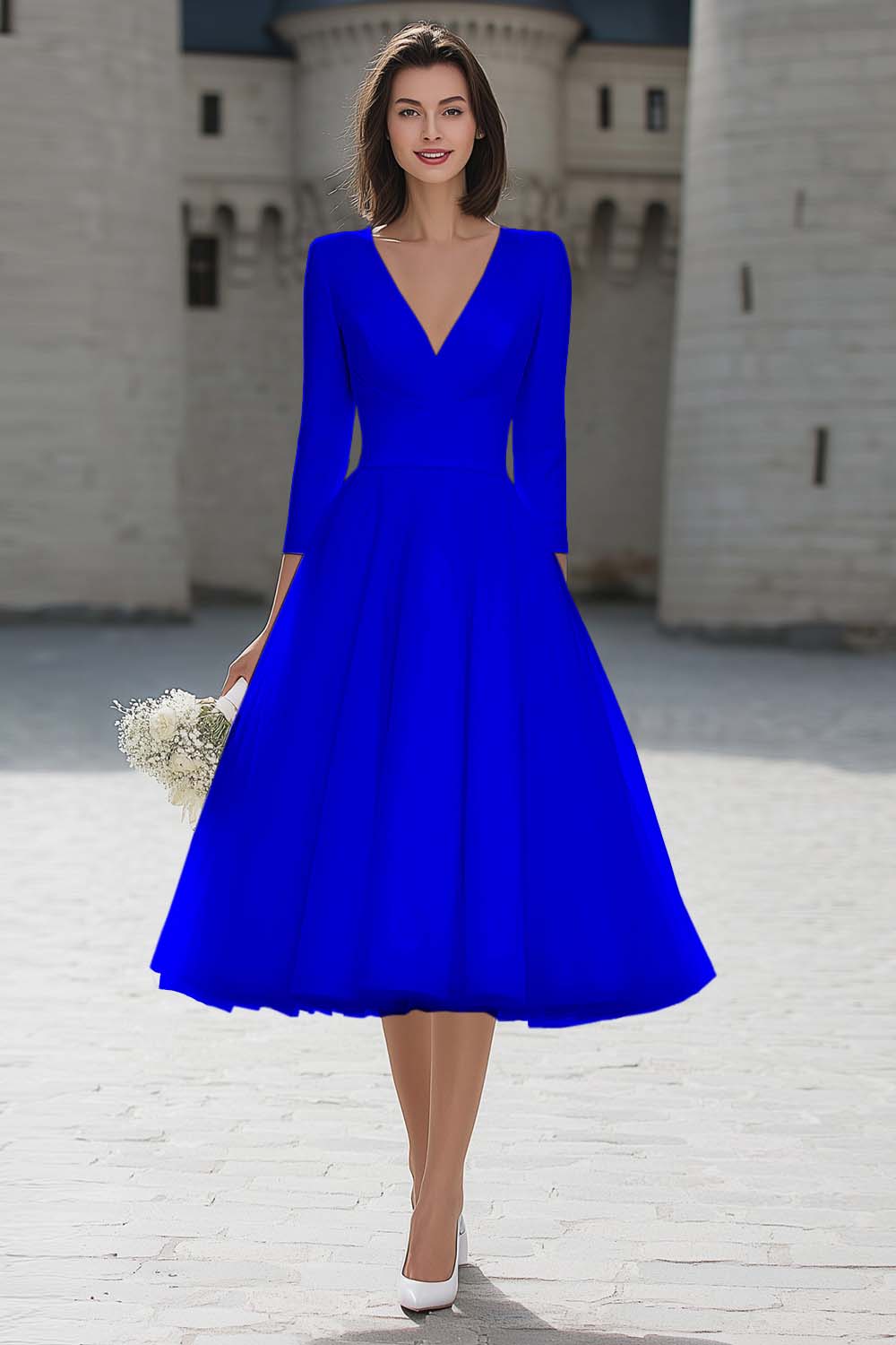 A-Line Ivory V-Neck Midi Engagement Dress - Image 13