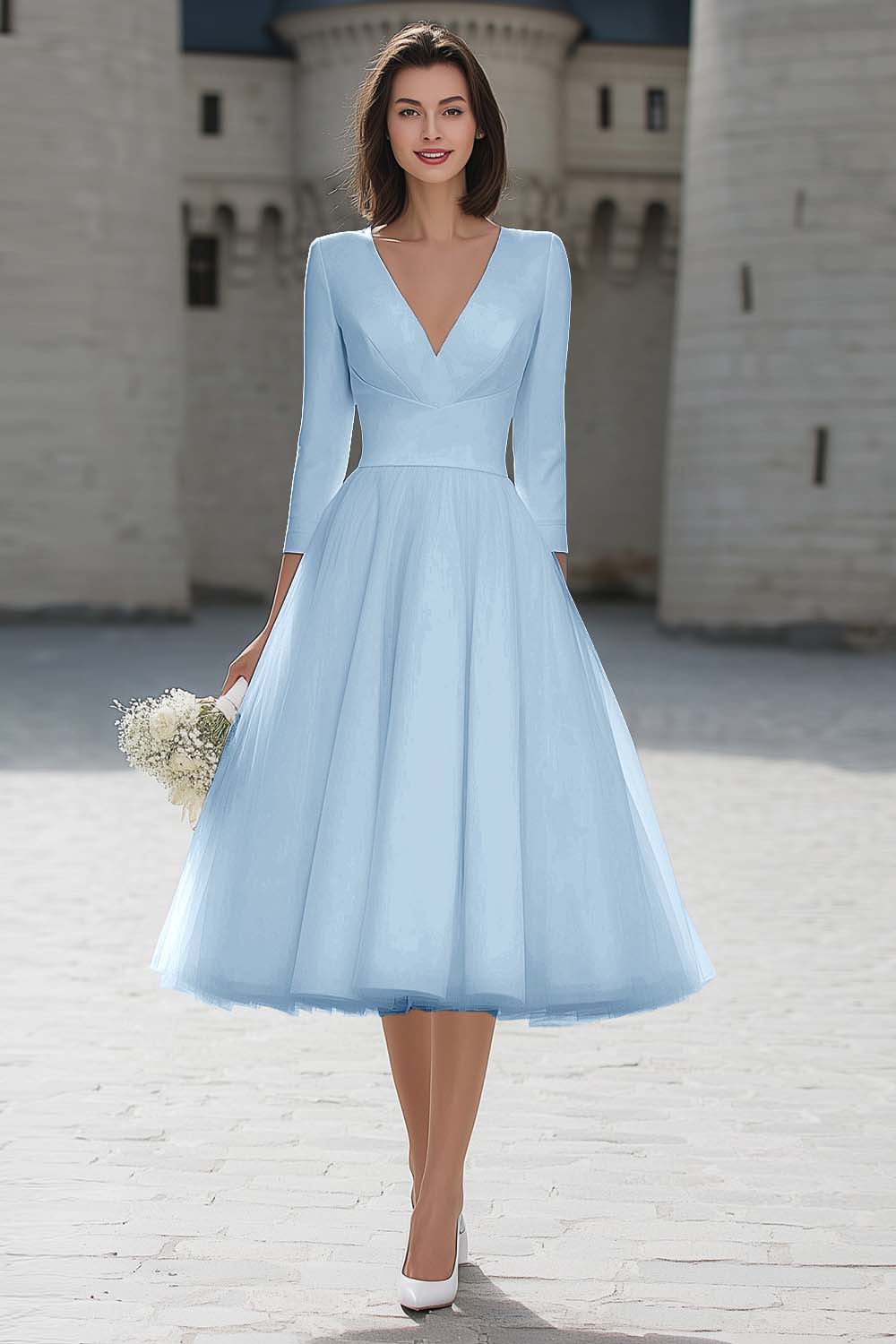 A-Line Ivory V-Neck Midi Engagement Dress - Image 14