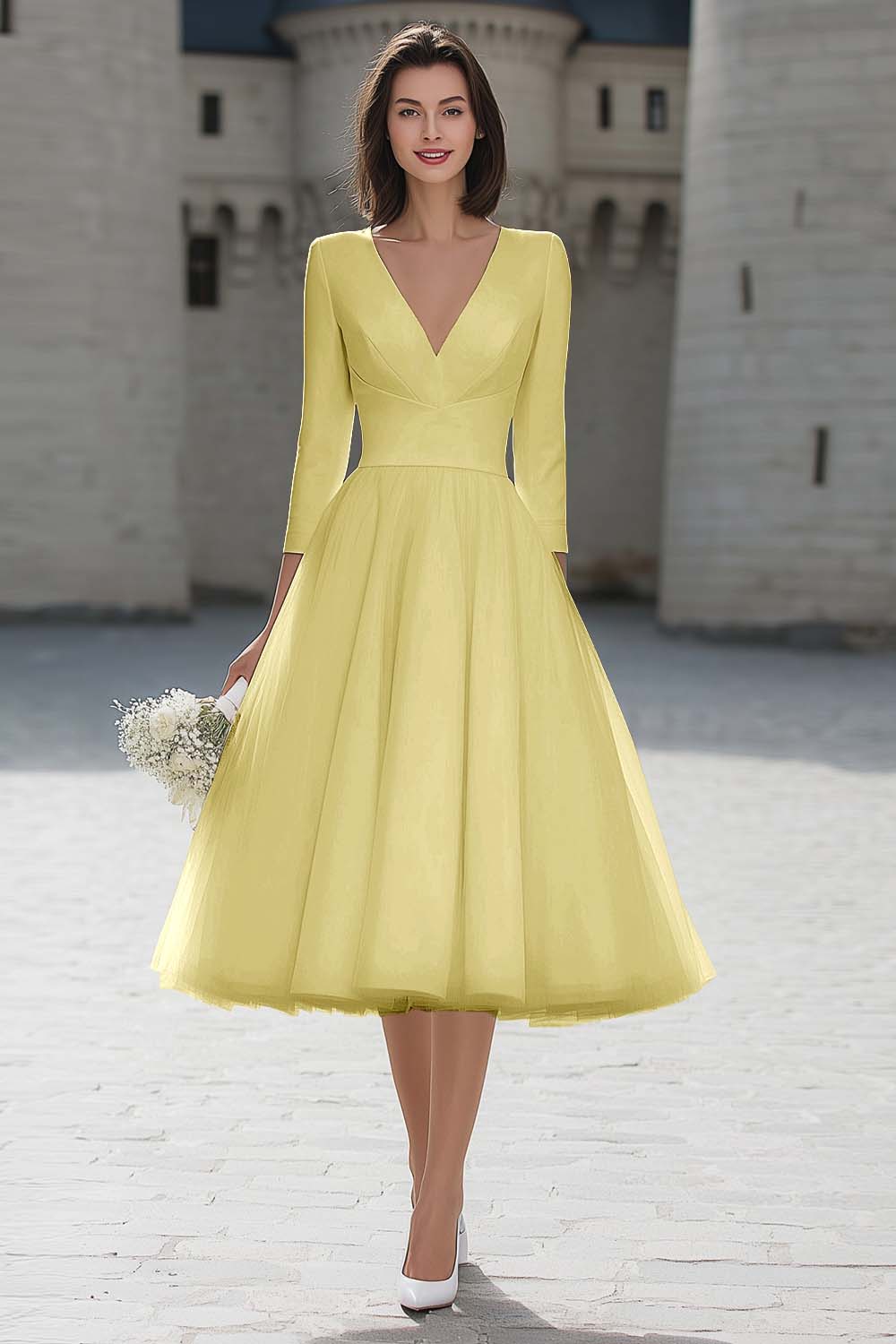 A-Line Ivory V-Neck Midi Engagement Dress - Image 15