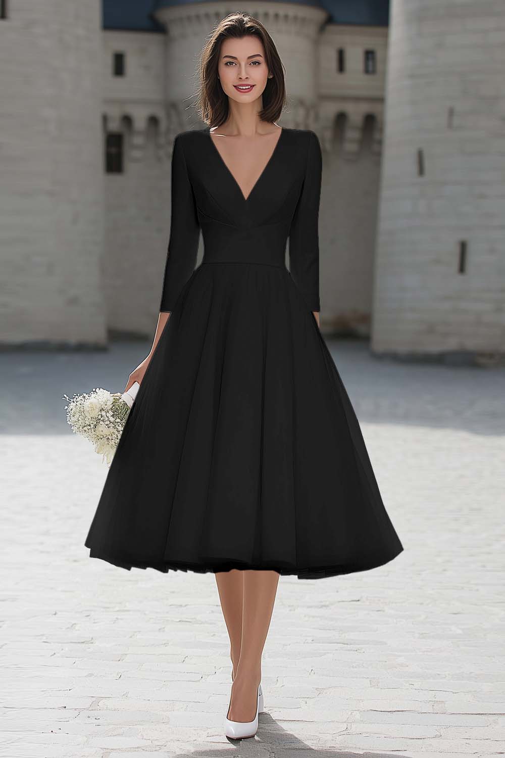 A-Line Ivory V-Neck Midi Engagement Dress - Image 5