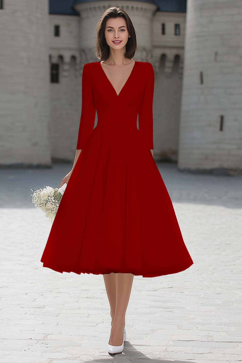 A-Line Ivory V-Neck Midi Engagement Dress - Image 6