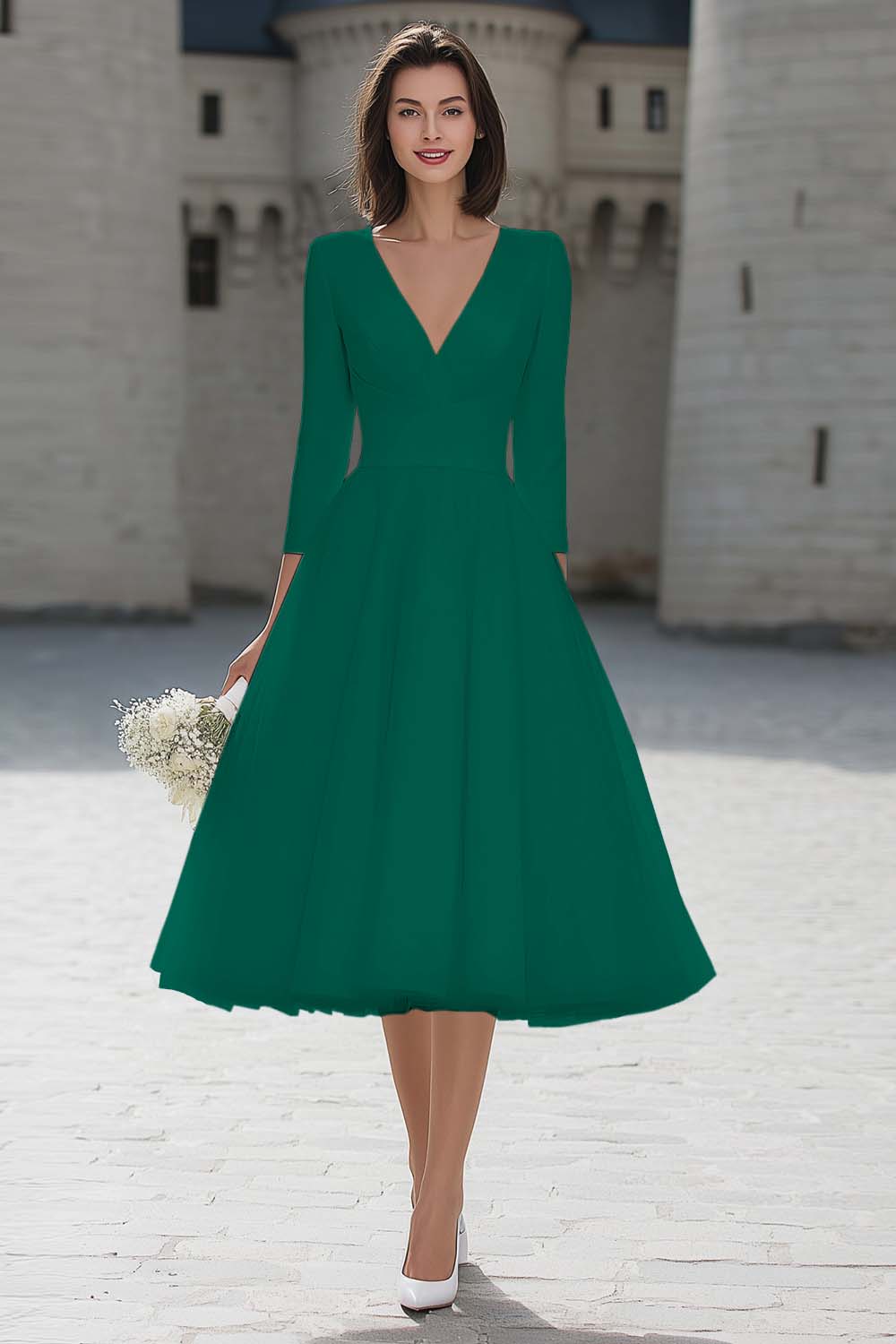 A-Line Ivory V-Neck Midi Engagement Dress - Image 7