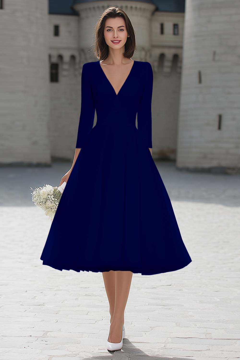 A-Line Ivory V-Neck Midi Engagement Dress - Image 8