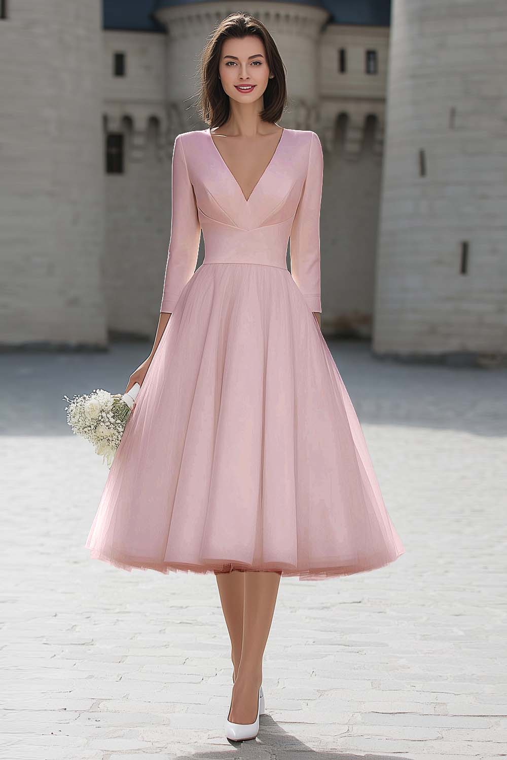 A-Line Ivory V-Neck Midi Engagement Dress - Image 9