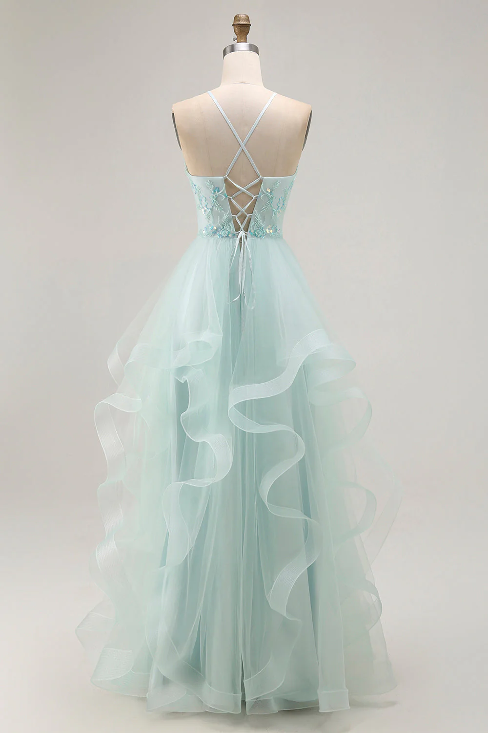 A Line Light Green Appliqued Tulle Long Prom Dress - Image 2