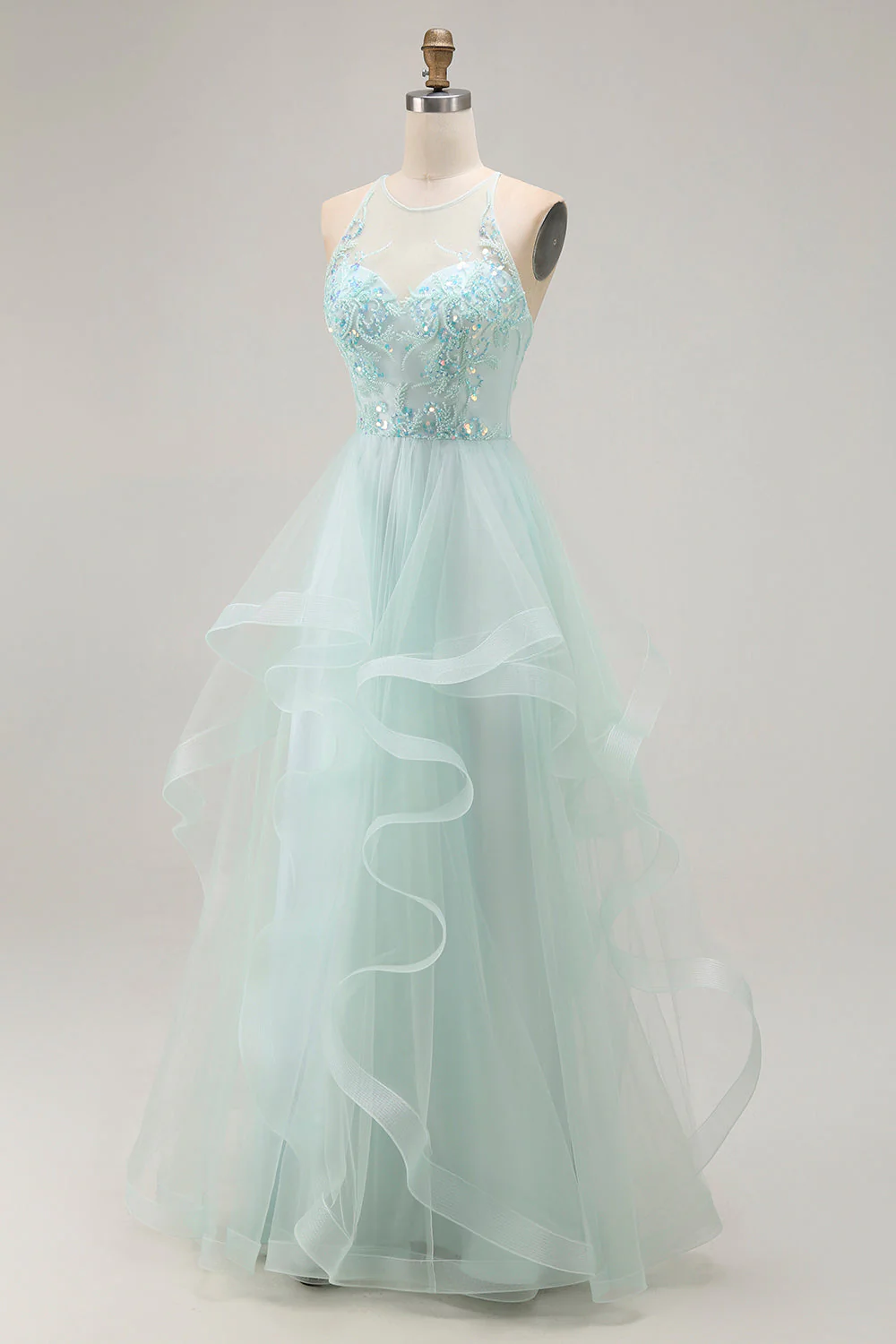 A Line Light Green Appliqued Tulle Long Prom Dress - Image 3