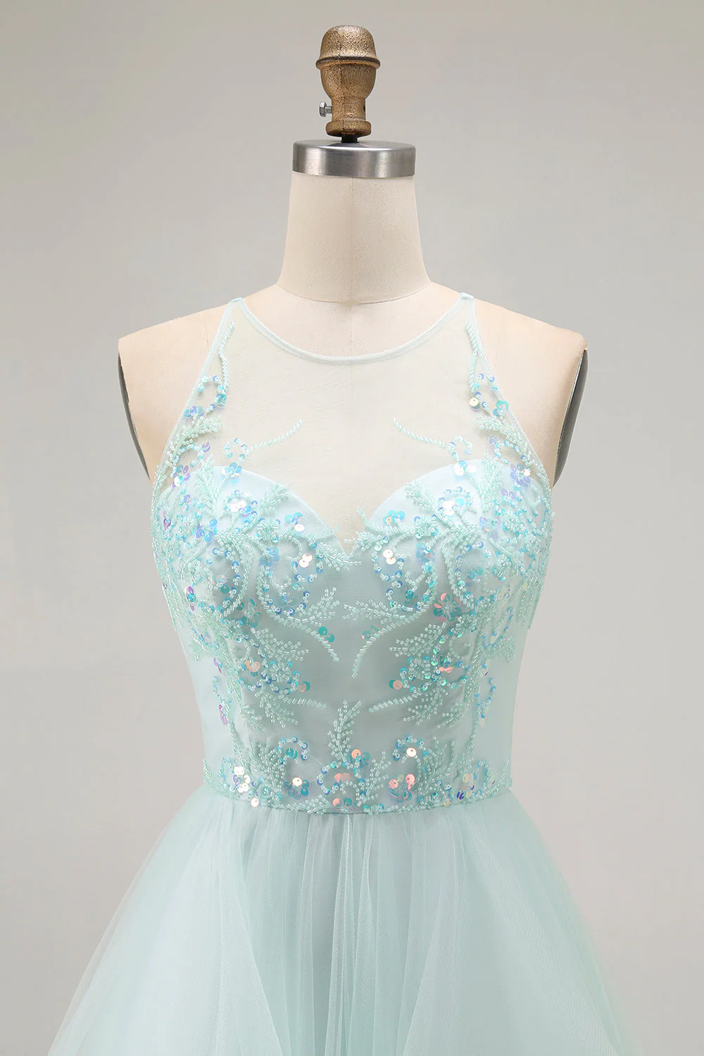 A Line Light Green Appliqued Tulle Long Prom Dress - Image 4