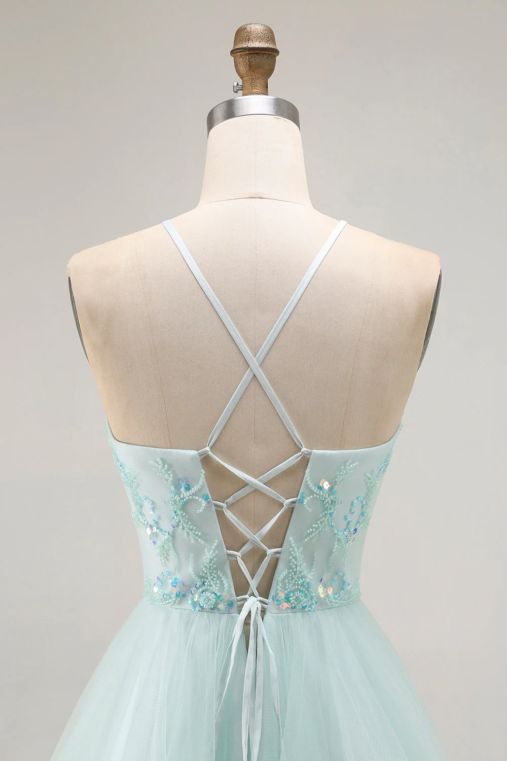 A Line Light Green Appliqued Tulle Long Prom Dress - Image 5