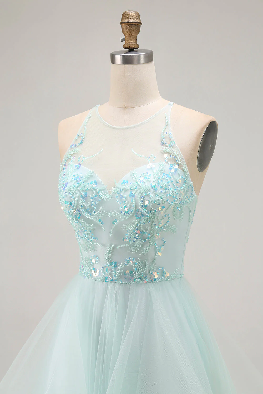 A Line Light Green Appliqued Tulle Long Prom Dress - Image 6
