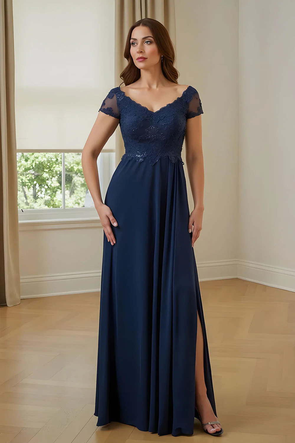 A Line Navy Appliqued Chiffon Long Choir Dress with Slit - Image 2