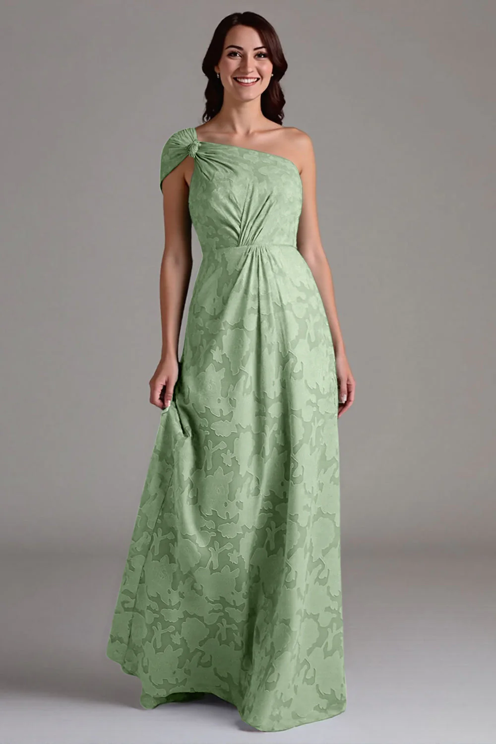 A-Line One Shoulder Ruched Eucalyptus Bridesmaid Dress - Image 13