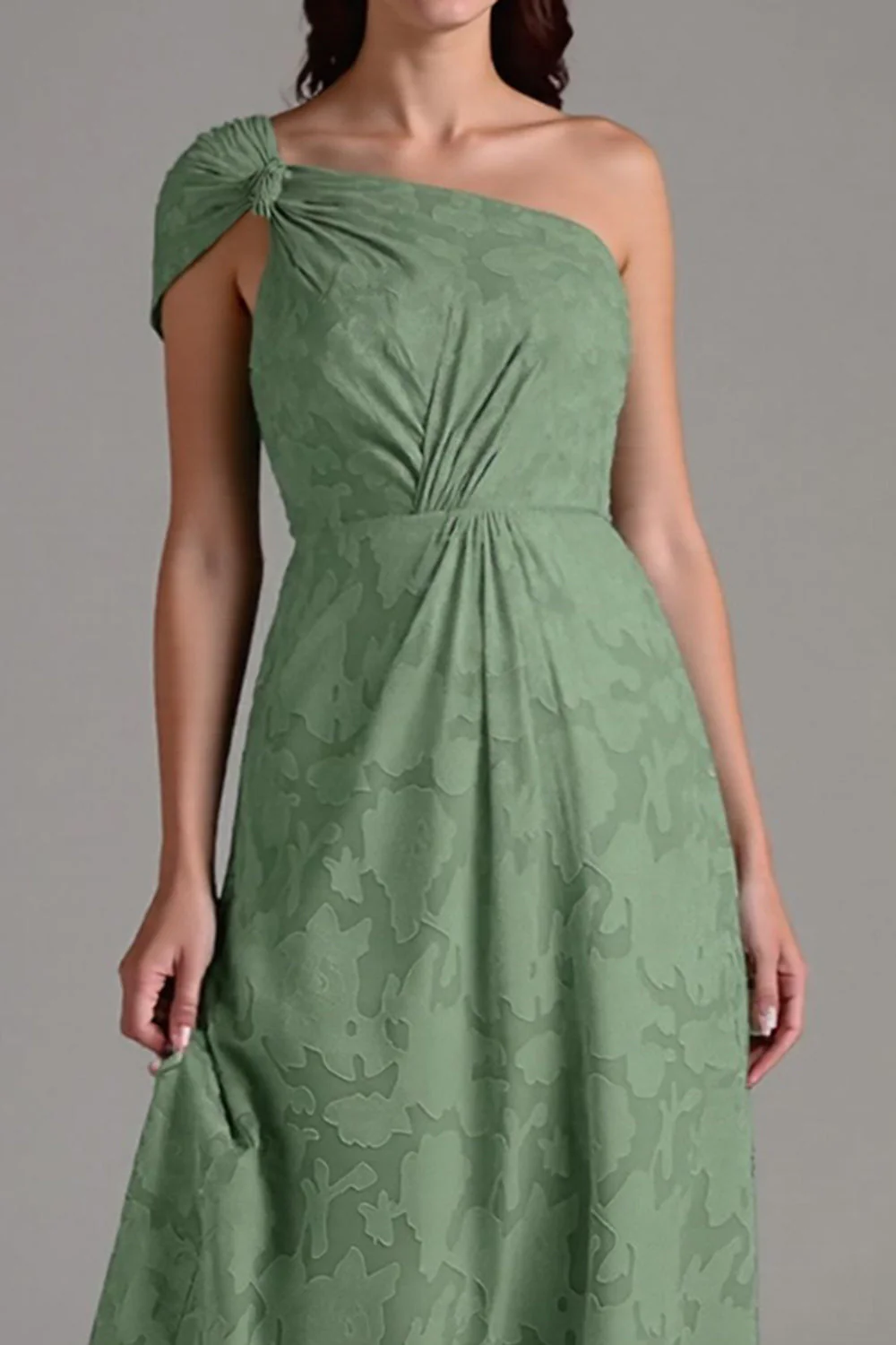 A-Line One Shoulder Ruched Eucalyptus Bridesmaid Dress - Image 3