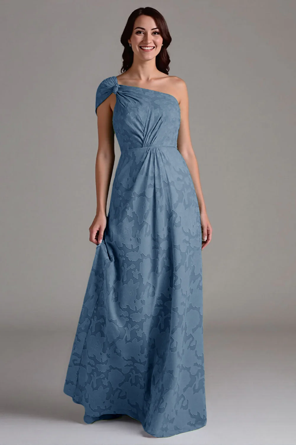 A-Line One Shoulder Ruched Eucalyptus Bridesmaid Dress - Image 9