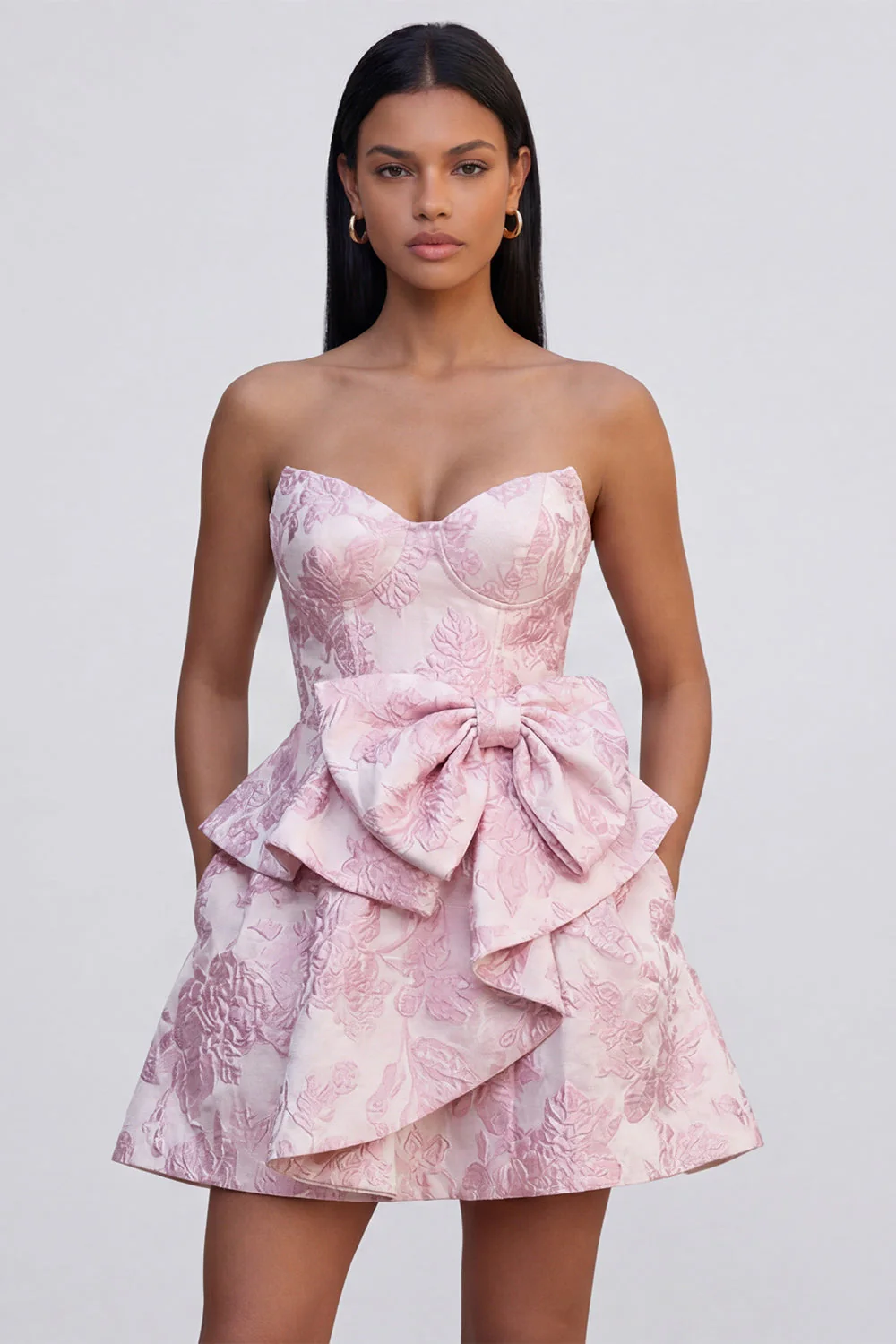 A-Line Pink Sweetheart Ruffled Mini Jacquard Floral Dress With Bow - Image 3