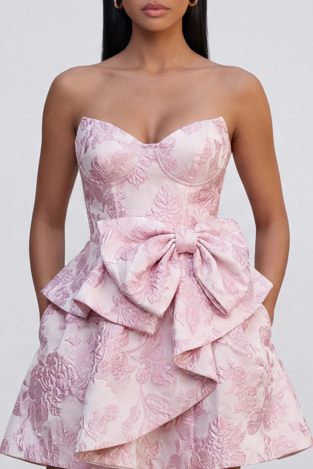 A-Line Pink Sweetheart Ruffled Mini Jacquard Floral Dress With Bow - Image 4