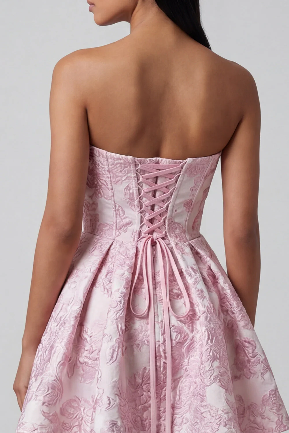 A-Line Pink Sweetheart Ruffled Mini Jacquard Floral Dress With Bow - Image 5