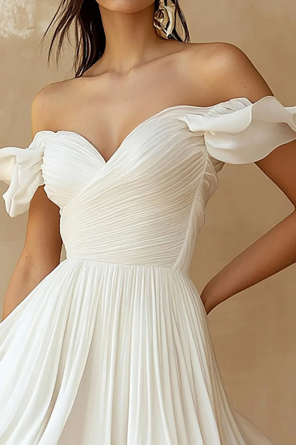 A Line Ruffled Off the Shoulder Pleated White Graduation Dress - Image 3